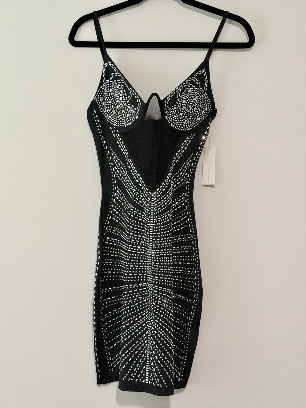 Black Studded Sparkling Mini Bodycon Dress with Adjustable Spaghetti Straps
